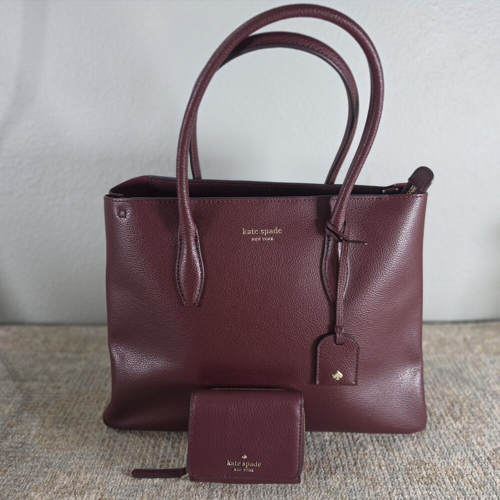 NWOT Kate Spade Jackson Leather Med Satchel & Matching Trifold Wallet Cherrywood